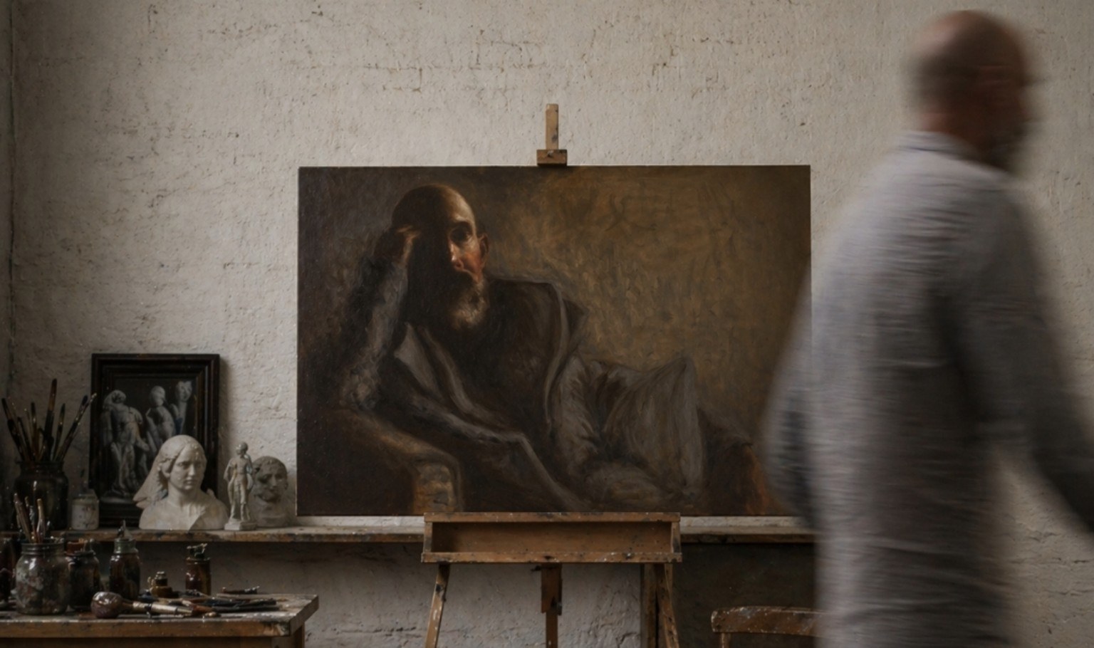 Artist's studio with a painting on an easel and a blurred figure walking through the room
